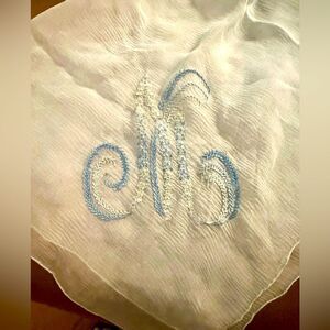 Delicately Handmade Monogrammed Handkerchief Light Blue Letter M Scarf